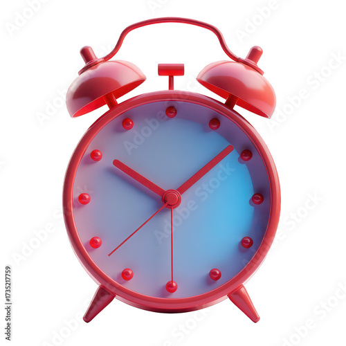 A vibrant red alarm clock is centrally positioned against a stark black backdrop, its stylized design showcasing bold colors, clean lines, and a contemporary aesthetic with hints of blue reflecting...