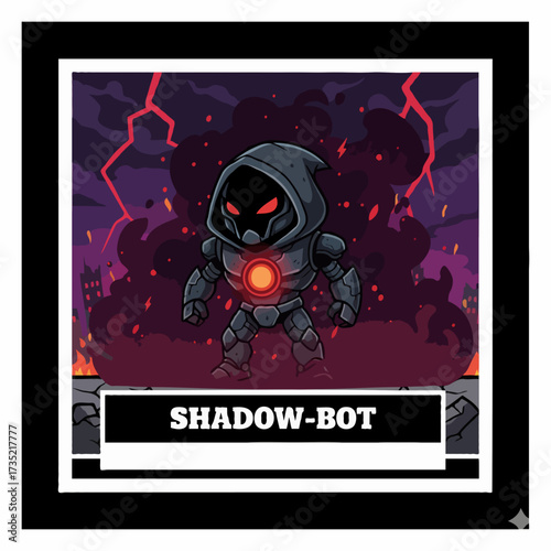Mini skull-faced villain robot with glowing horns and armored body, sinister futuristic mascot.
