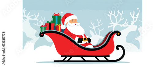 Santa sleigh with gifts, simple flat illustration with reindeer silhouettes