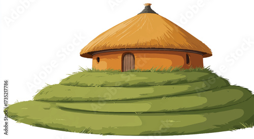 Traditional African hut on tiered green hill rural architecture and cultural heritage vector art illustration