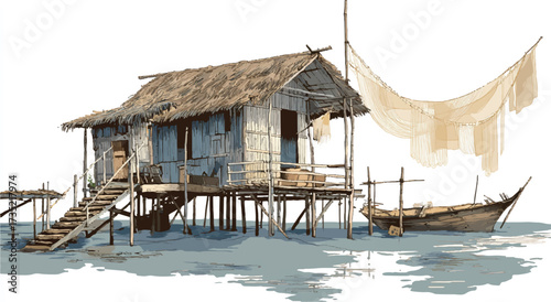 Traditional stilt house with thatched roof and fishing boat in tropical village water setting serene coastal life
