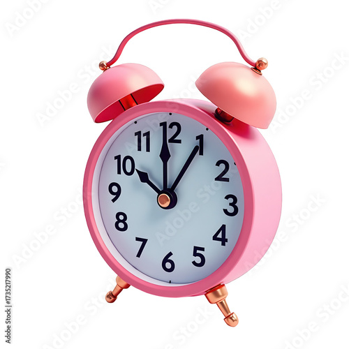 A classic pink alarm clock is set against a stark black background, highlighting its traditional design and appealing pastel color scheme, emphasizing time and punctuality, offering a visual...