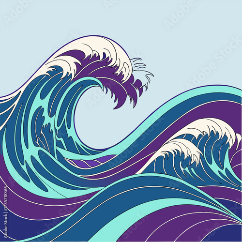 Stylized japanese wave art with a calming blue and purple palette evoking the power and beauty of the ocean in a graphic design