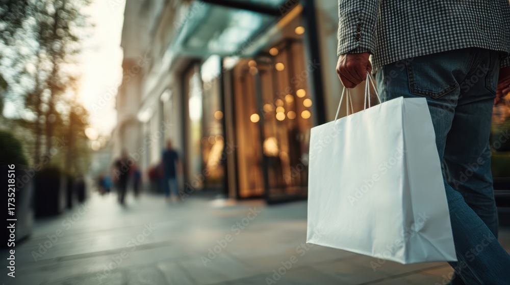 Naklejka premium A person walks down a city street holding a white shopping bag near a row of illuminated storefronts at dusk.
