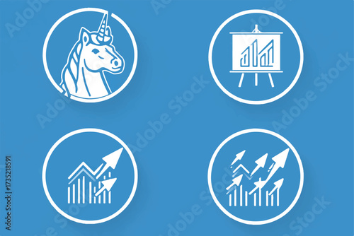 Unicorn Startup with Business Growth Strategy and Positive Market Performance Indicated by Charts on Blue Background