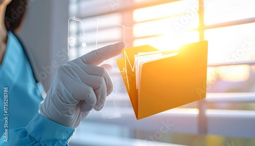 Doctor retrieving glowing digital folder from touch interface.