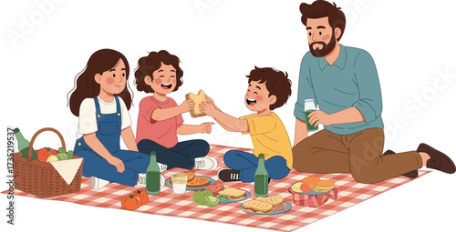 Happy family enjoying a picnic a blanket parents and children spending time together outdoors, eating and drinking