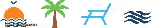 Minimalist vector illustration set featuring a sunset over the sea, a palm tree, a beach chair and ocean waves