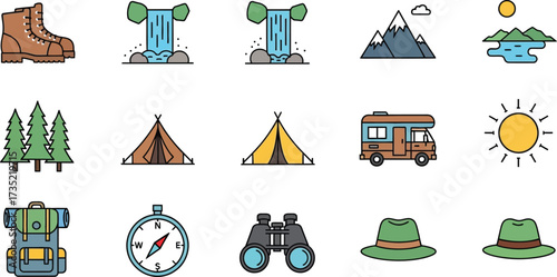 Camping and hiking equipment with boots, waterfall, mountain, trees, tent, camper, sun, backpack, compass, binoculars and hat