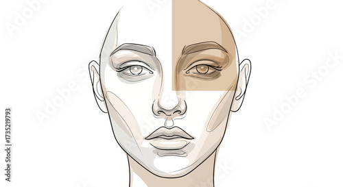 Illustration showcasing a woman's face with half shaded in brown tones for makeup demonstration
