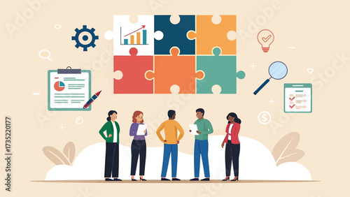 business team solving puzzle for planning and strategy success

