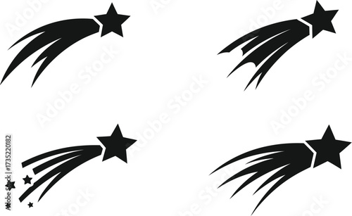 Set of four shooting star silhouette icons, representing cosmic events celestial objects