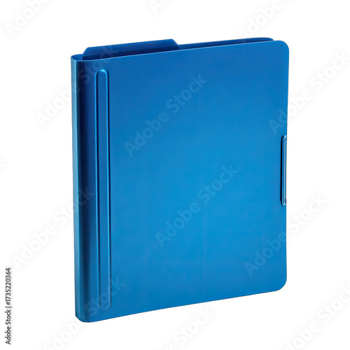 Blue closed binder, simple, sleek, angled perspective
