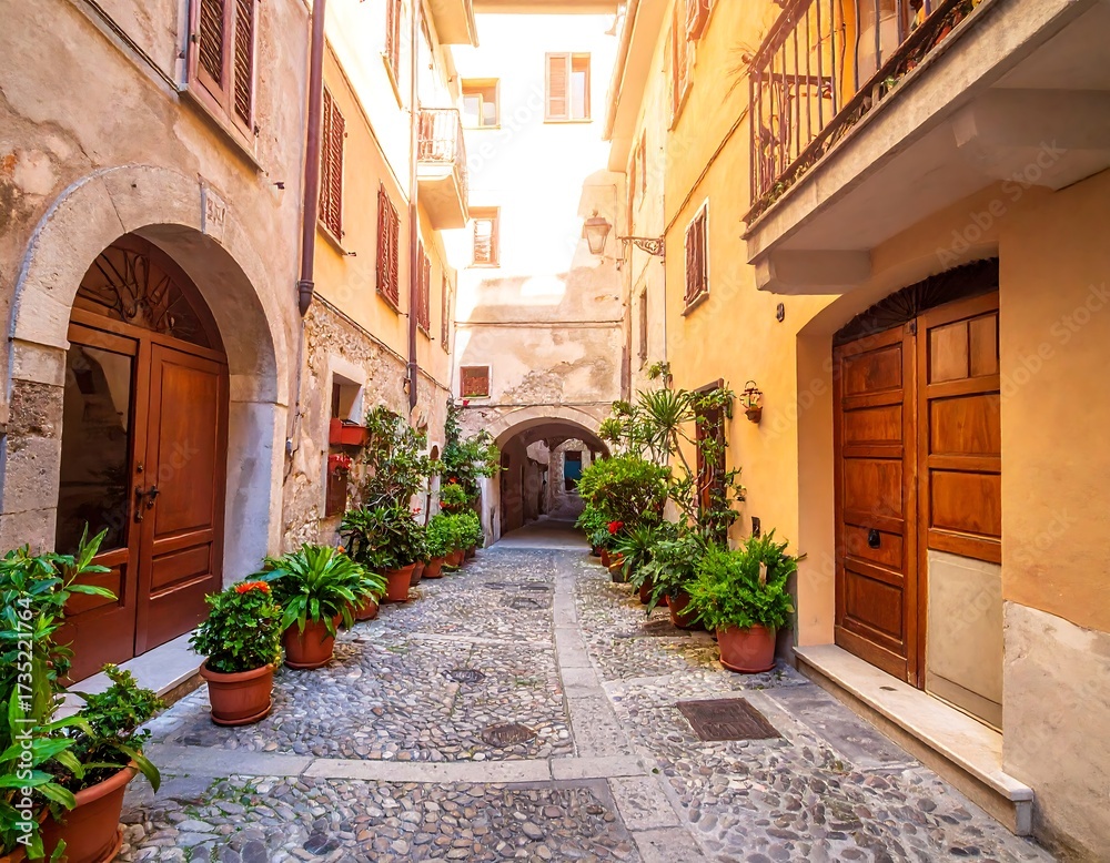 Fototapeta premium Sunny Italian alleyway with potted plants