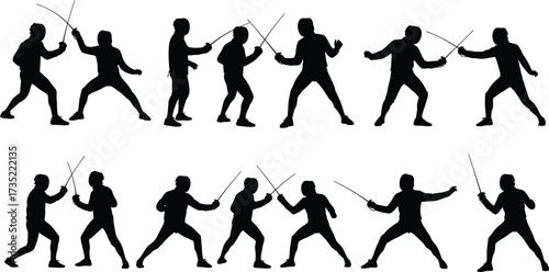 Silhouette collection of fencers in action, showcasing the sport, skill, and competitive nature of fencing