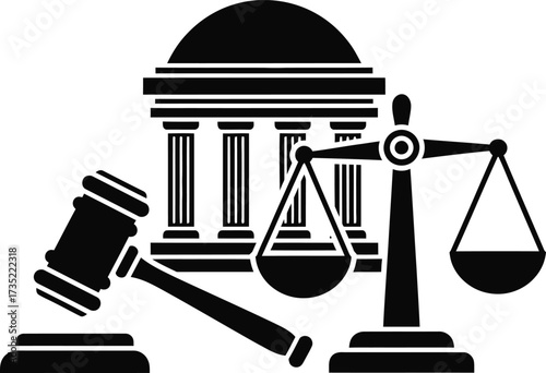 Justice scales gavel and courthouse icon