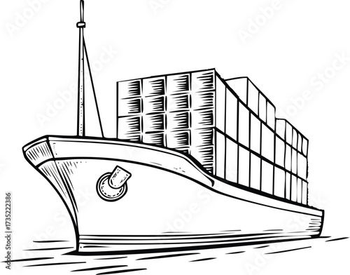 Hand-drawn sketch of a large container cargo ship sailing on the sea, symbolizing global trade, freight, and logistics
