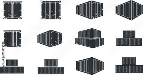 Set of container icons, showcasing various perspectives and arrangements of shipping containers
