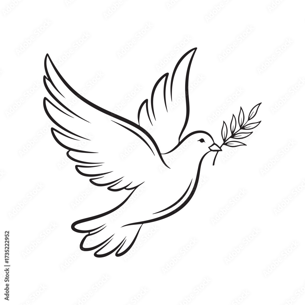 Fototapeta premium Hanukkah Outline Drawing of a Dove Flying with an Olive Branch bird peace
