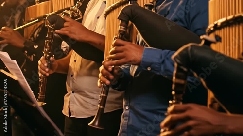 Close up of a group of musicians playing bagpipes in a performance.