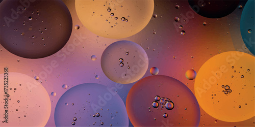 Closeup abstract view of iridescent oil droplets floating on a colorful liquid surface, showcasing a blend of purple, pink, and orange hues