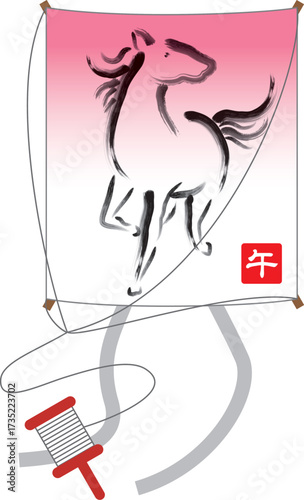 筆タッチの馬が描かれた凧

