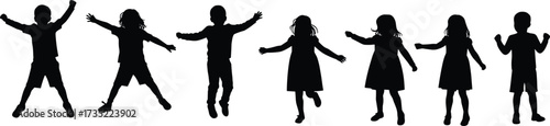 Silhouettes of children jumping, playing, dancing, happy kids isolated on white background, childhood joy vector illustration, active lifestyle, black figures