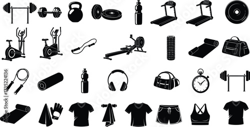 Gym equipment icons, representing various fitness tools and accessories for exercise and workout routines