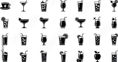 Diverse cocktail icons featuring various alcoholic and non-alcoholic beverages for bars, parties, and drink menus
