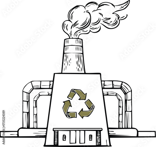 Hand-drawn illustration of a factory with a recycling symbol on its facade, emitting smoke from its chimney, representing industry and sustainability
