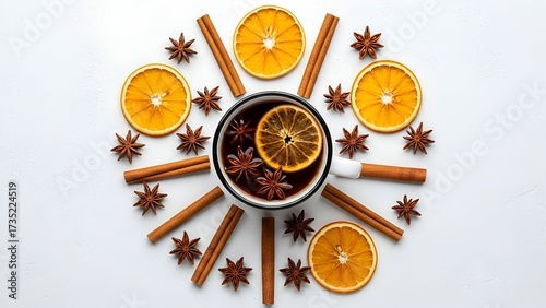 Overhead view of a mug of mulled wine surrounded by festive holiday spices and citrus.