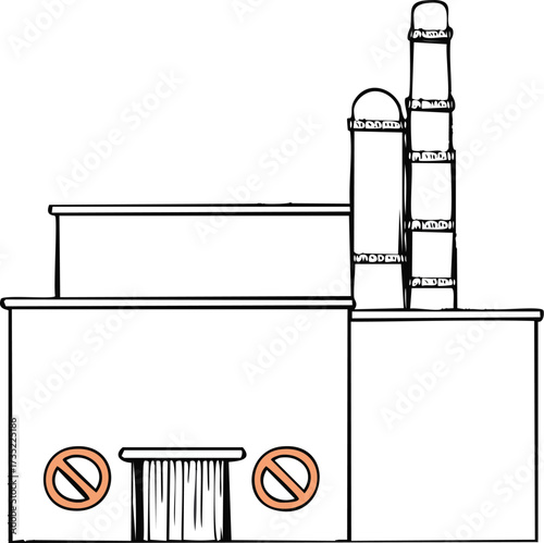 Monochrome line art of an industrial factory with smokestacks and prohibition signs, symbolizing manufacturing, environmental regulations, or business closure
