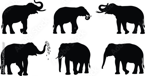 Elephant silhouette vector set, wildlife animal poses, trunk movement, black icons, nature behavior, CAD drawing flat vector illustration