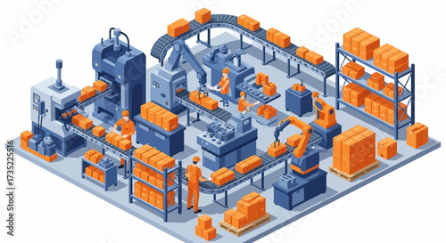 Isometric illustration factory floor machinery workers conveyor belts shelves boxes robotic arm control panels