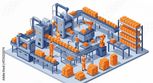 Isometric illustration factory floor machinery workers conveyor belts shelves boxes robotic arm control panels