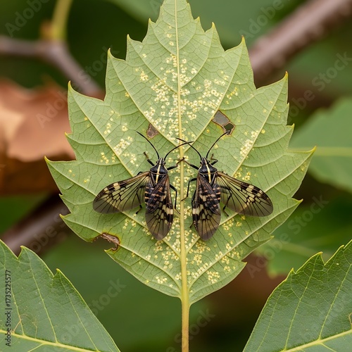 Two Long-Horned Tiger Moths Resting on a Green Leaf.