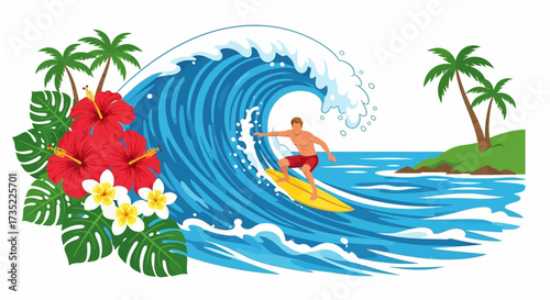 Surfer rides big wave amidst tropical foliage palm trees