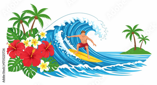 Surfer rides big wave amidst tropical foliage palm trees