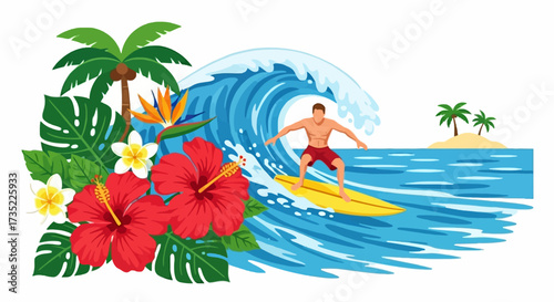 Surfer rides big wave amidst tropical foliage palm trees