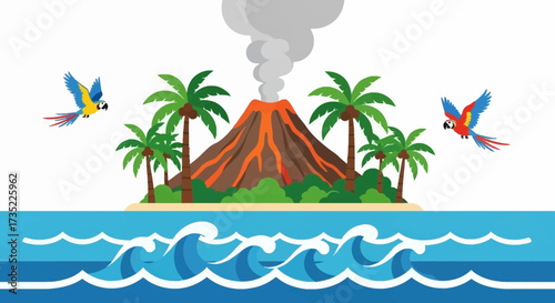 Volcanic island erupts with lava smoke birds flying above ocean waves palm trees present