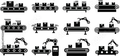 Set of conveyor belt factory assembly line with robotic arm silhouette vector illustration