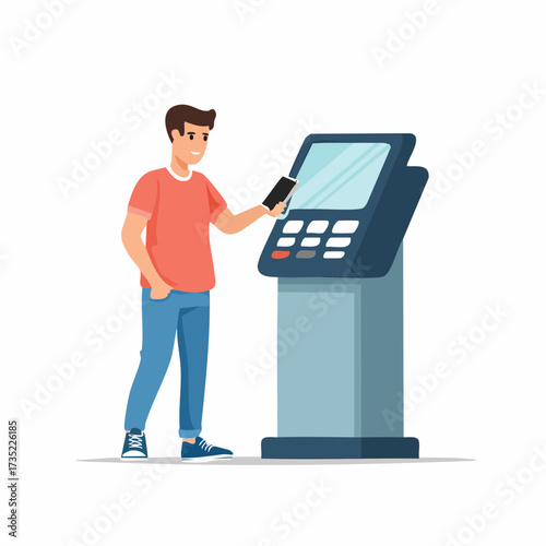 A young man scans a QR code on his smartphone at a self-service kiosk with a screen and buttons, against a white background.