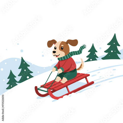 A cute dog bundled in a warm sweater enjoys a gentle ride on a bright red sled down a snowy hill, a charming 2D flat vector illustration perfect for winter fun.