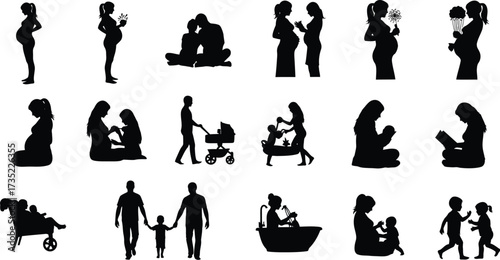 Silhouette collection of pregnant women, mothers, fathers and children, depicting various stages of pregnancy, motherhood, and family life