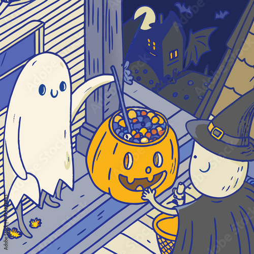 Cute friendly ghost and witch character trick or treating with a pumpkin candy bucket filled with sweets