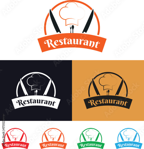 Restaurant Logo Collection with Chef's Hat, Knives, and Ribbon