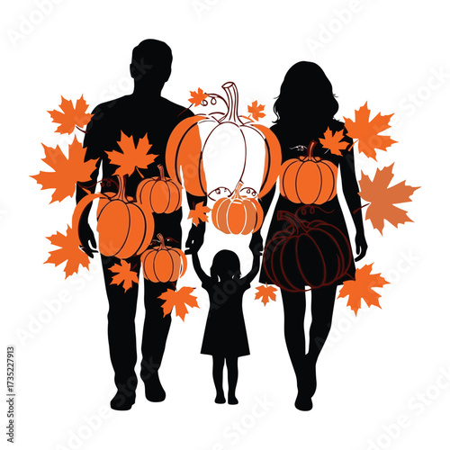 Happy family silhouette enjoying a pumpkin patch autumn scene