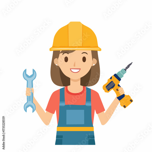 Cartoon illustration of a female construction worker holding a wrench and a drill, wearing a hard hat and overalls.