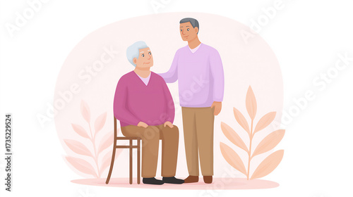 Vector illustration of elderly person with caregiver offering help, symbolizing support, compassion, healthcare, and intergenerational connection with warm atmosphere and copy space available.