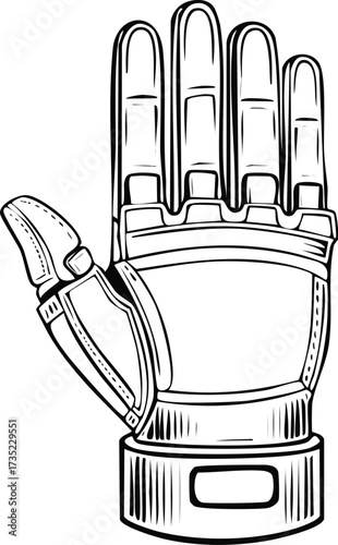 Intricate line art illustration of a futuristic robotic hand, symbolizing advanced technology, artificial intelligence, and human-machine collaboration in a modern context